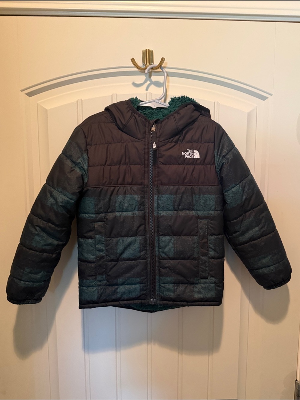 The North Face Kids Black and Dark Green Puffer Jacket with Hood